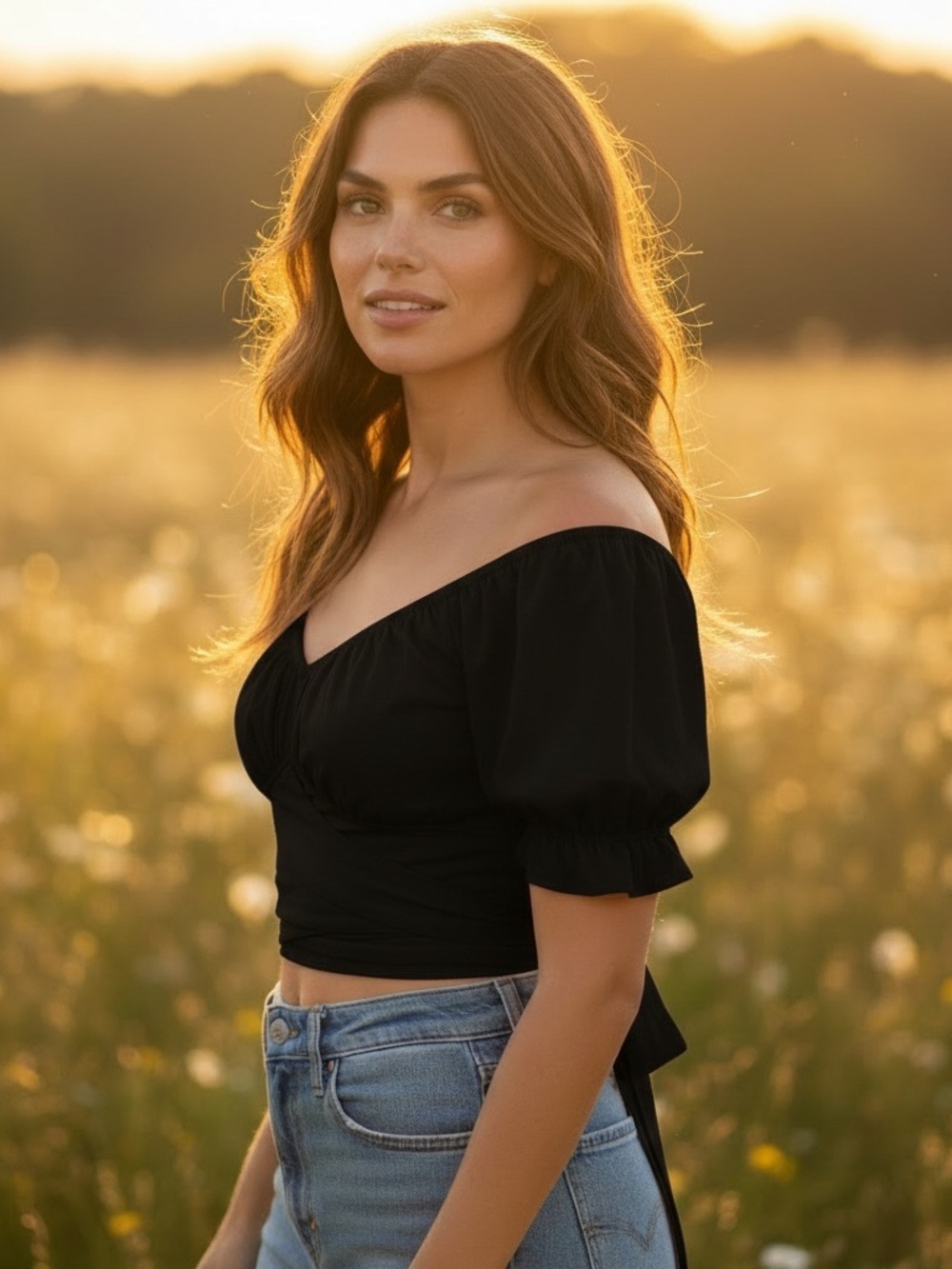 Hers & Mine // Black // Off-Shoulder Black Wrap Crop Top